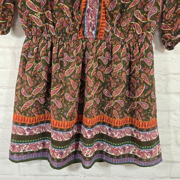 M Midnight Sky Paisley Print Mini Dress Women's Size M Sheer Long Sleeve Green - Picture 4 of 11